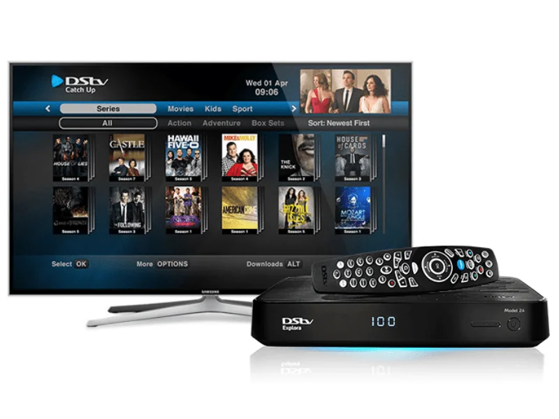DStv Explora decoder connected to a television showing Catch Up